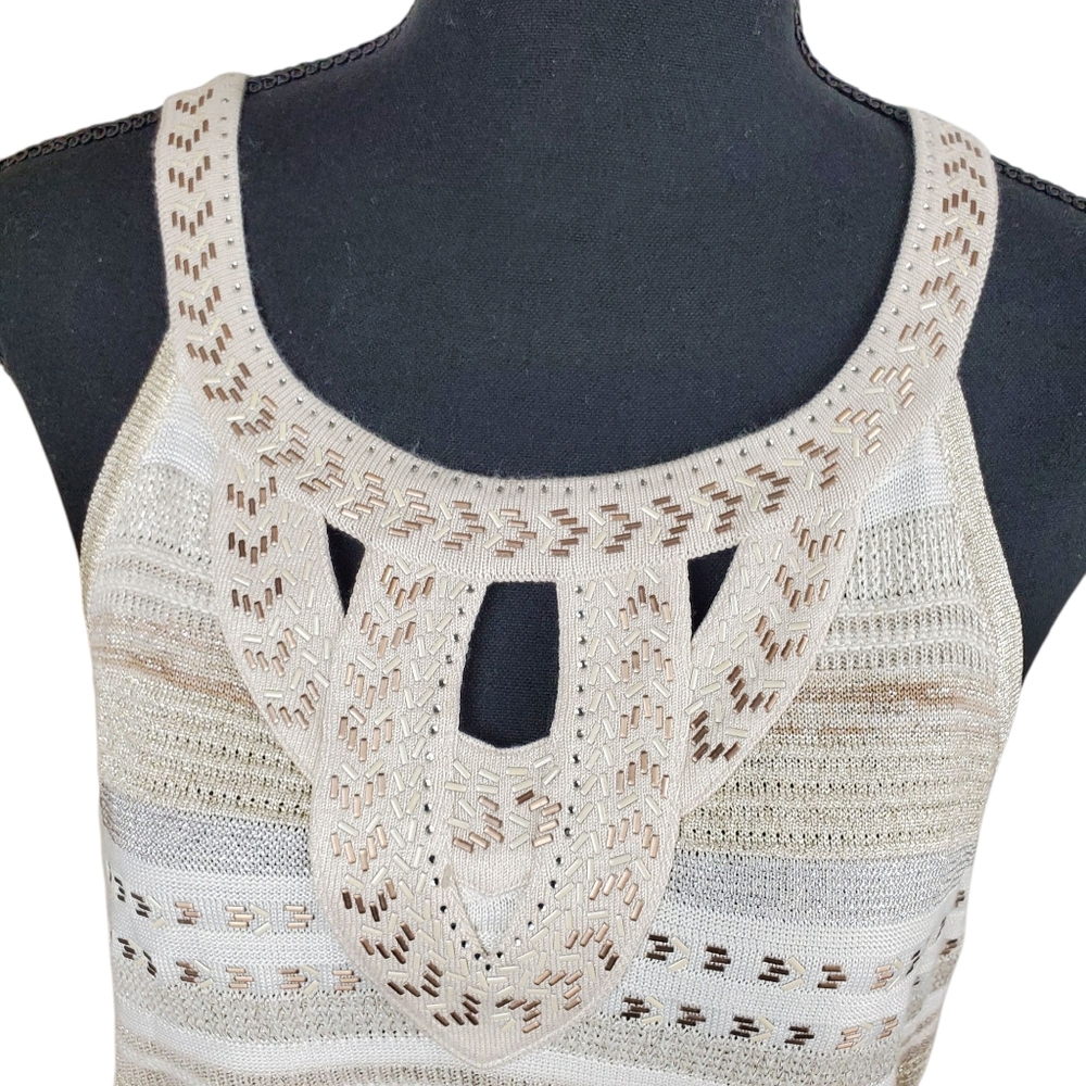 WHITE HOUSE BLACK MARKET Sleeveless Knit Tank Top Beige Crochet Neck Boho Stripe - Picture 3 of 10